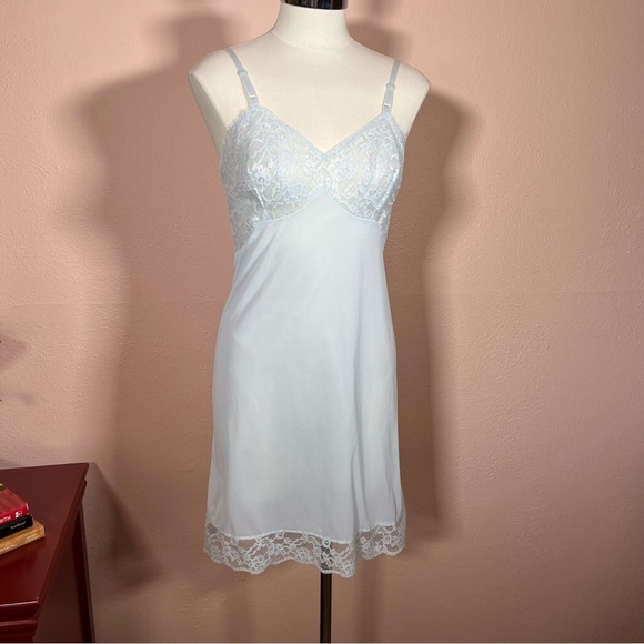 Vintage 40 50 Retro Vanity Fair Pale Blue Lace mini Slip Dress Night Gown - Picture 6 of 17